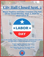 Mayor Hopkins Reminder: City Hall closed on Labor Day, Monday, Sept. 2